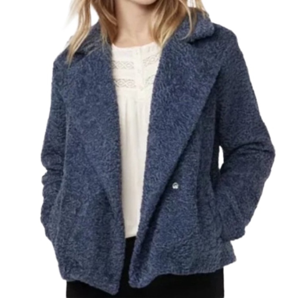 LAUREN CONRAD Women’s Dark Slate Blue Pink Long Sleeve Shaggy Moto Jacket
